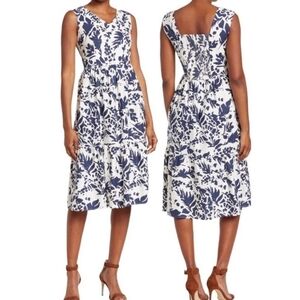 NWT Magaschoni Linen Blend Floral Dress Blue White Costal Vacation Size Small
